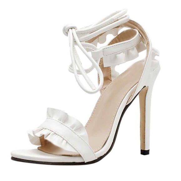 White Ruffle Lace Up High Heels - Picture 7 of 8